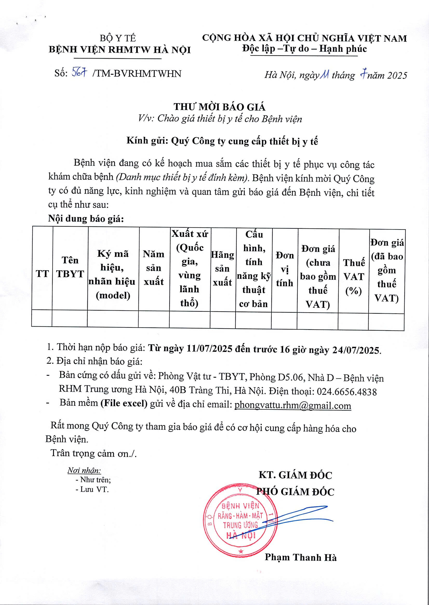 THƯ MỜI BÁO GIÁ: CHÀO GIÁ THIẾT BỊ Y TẾ CHO BỆNH VIỆN 